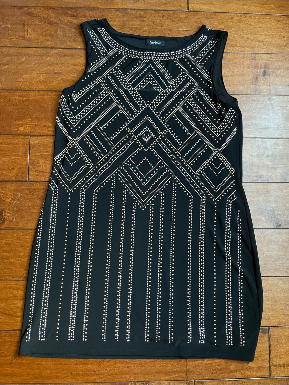 WHBM Black Embellished Rhinestone studded Art Deco shift dress stretch L